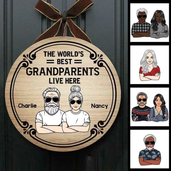 Wood Sign The World‘s Best Grandparents Live Here Personalized Door Hanger Sign 10"x10"