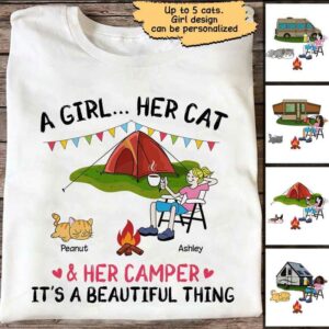 Apparel A Camping Girl And Her Cats Personalized Shirt Classic Tee / White Classic Tee / S
