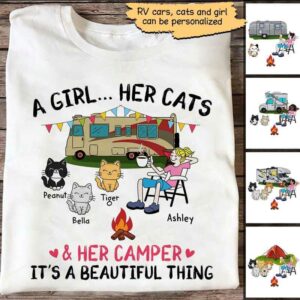 Apparel A Camping Girl And Her Sitting Cats Personalized Shirt Classic Tee / White Classic Tee / S