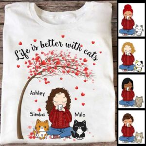 Apparel Cat Mom Chibi Girl Valentine Tree Personalized Shirt Classic Tee / White Classic Tee / S