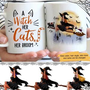 Mugs A Witch Her Cats Her Broom Halloween Personalized Cat Coffee Mug 11oz
