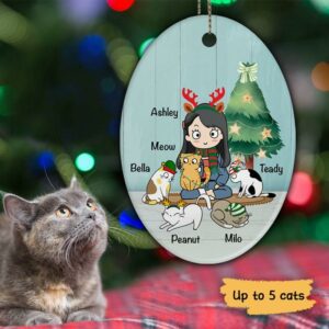 Oval Ornament A Girl And Her Cats Personalized Cat Decorative Christmas Ornament Pack 1