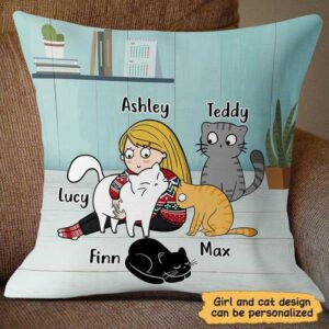 Pillow A Girl Hugging Her Cats Personalized Pillow 18x18 / Linen