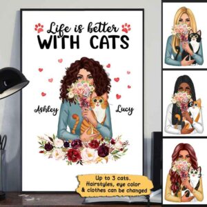 Poster Better With Cat Floral Cartoon Sitting Personalized Vertical Poster 12x18