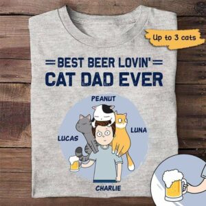 T-shirts Best Beer Lovin' Cat Dad Chibi Personalized Shirt Classic Tee / S / Ash