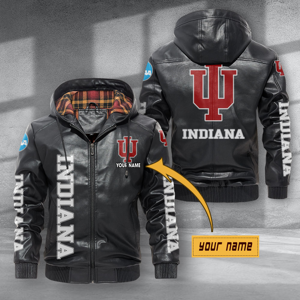 Indiana Hoosiers Hooded Leather Jacket Football Leather Jacket