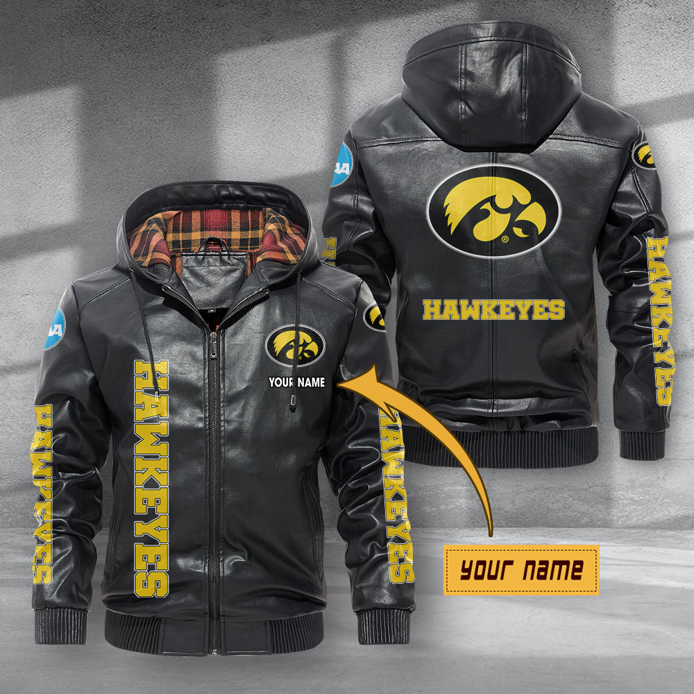 Iowa Hawkeyes Hooded Leather Jacket Football Leather Jacket