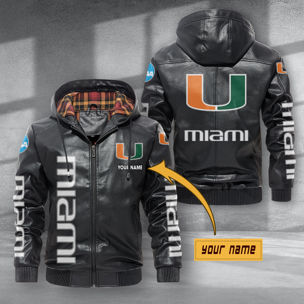 Miami Hurricanes Hooded Leather Jacket Football Leather Jacket – Nousty