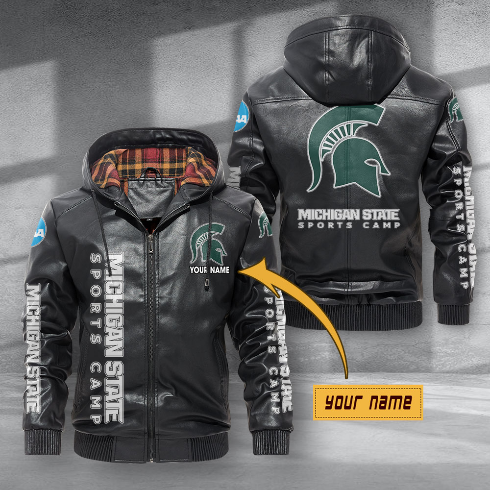 Michigan State Spartans Hooded Leather Jacket Football Leather Jacket