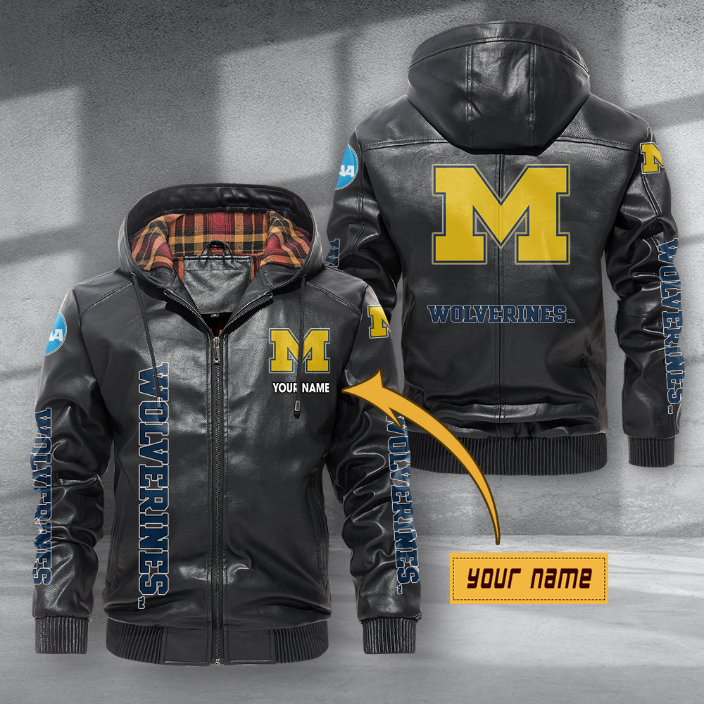 Michigan Wolverines Hooded Leather Jacket Football Leather Jacket