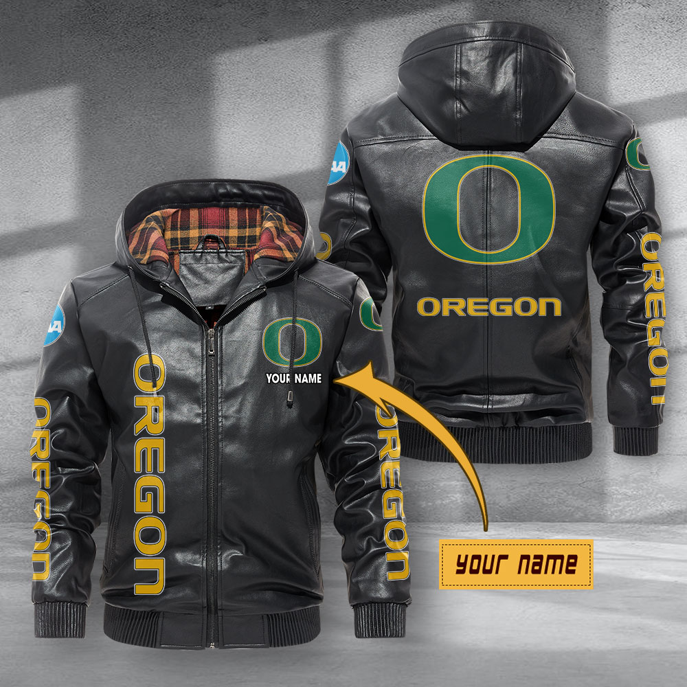 Oregon Ducks Hooded Leather Jacket Football Leather Jacket