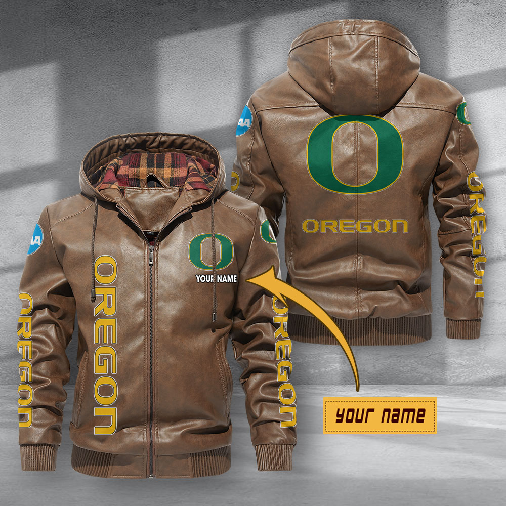 Oregon Ducks Hooded Leather Jacket Football Leather Jacket – Nousty