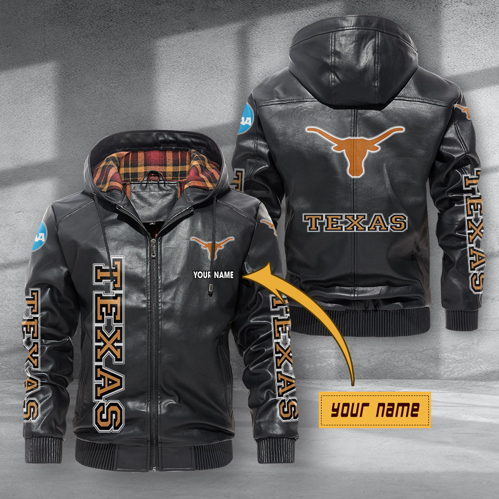 Texas Longhorns Hooded Leather Jacket Football Leather Jacket