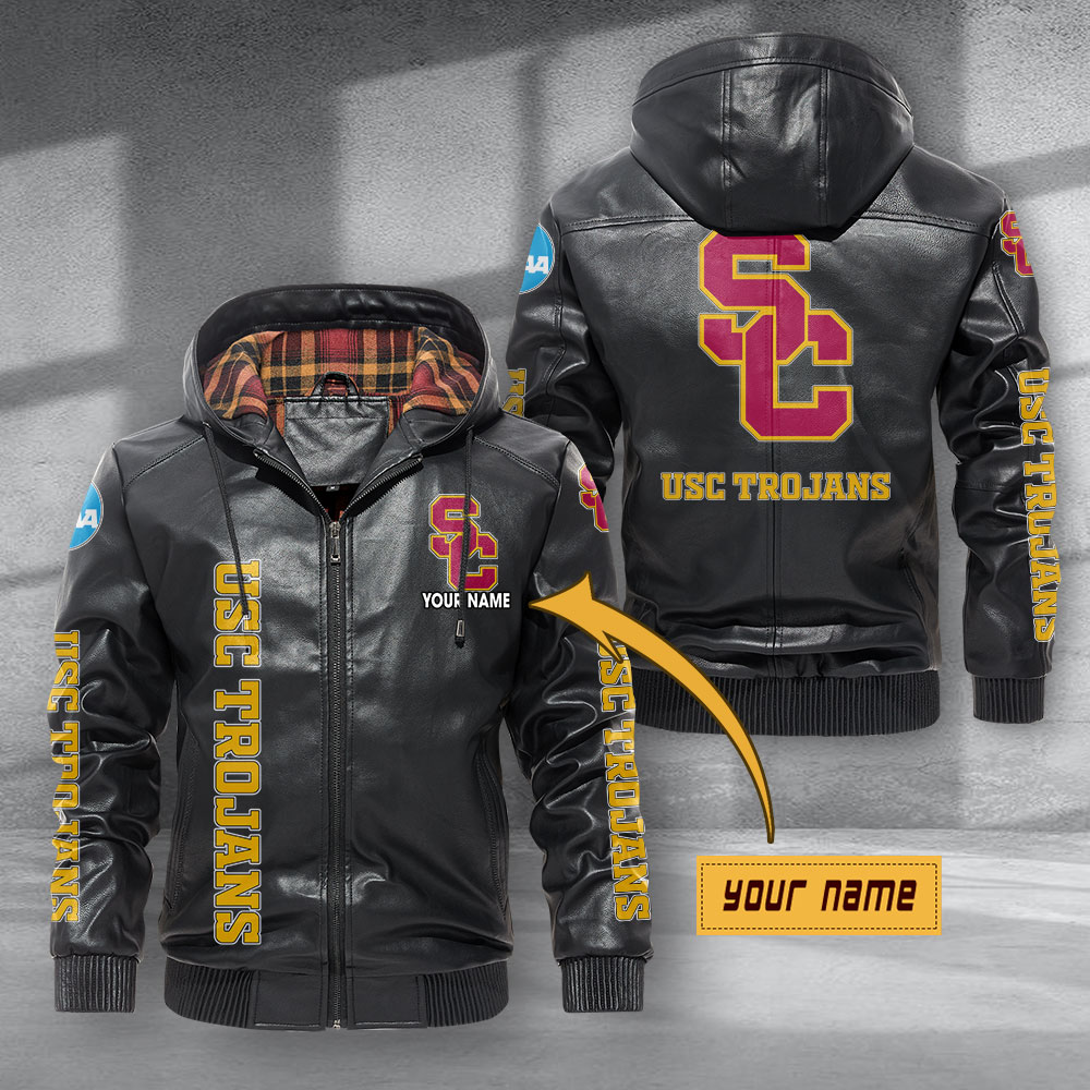 USC Trojans Hooded Leather Jacket Football Leather Jacket